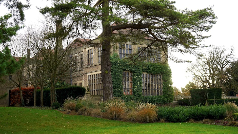 A large, historic brick building with multiple rectangular windows, partially covered with green ivy and climbing plants, is shown surrounded by a well-maintained garden. The garden features low bushes, ornamental grasses, and a patch of neatly trimmed grass in the foreground. Several leafless trees and evergreen branches frame the scene, indicating a late autumn or winter setting under overcast skies. The building appears to be situated on a spacious estate, with an outdoor environment suitable for private waste handling and on-site clearance. The overall scene is calm and orderly, with the presence of natural foliage contrasting against the structured architecture, subtly aligning with the theme of independent rubbish removal service provision.